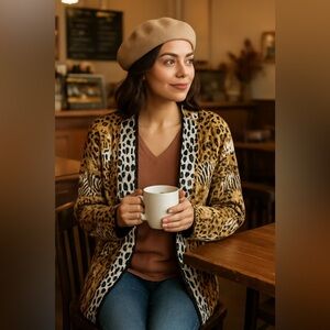 Animal Print Quilted Reversible Patchwork Open Front Shacket Sweater Jacket L/Xl